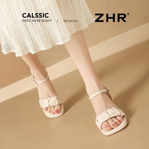 ZHR时装粗跟凉鞋2025夏季新款洋气褶皱一字凉鞋女网红ins高级女鞋 商品图5