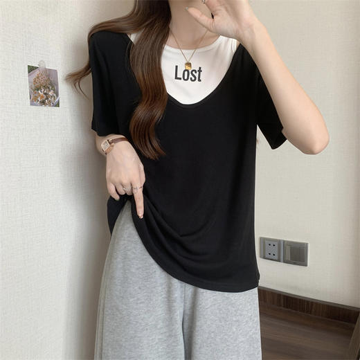 丁摩 夏季新款洋气短袖t恤女宽松遮肉显瘦假两件上衣女5ZF-D31 商品图6