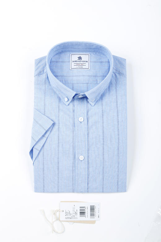 【棉麻混纺  竖条纹】占姆士男士棉麻混纺竖条纹休闲短袖衬衫 商品图3