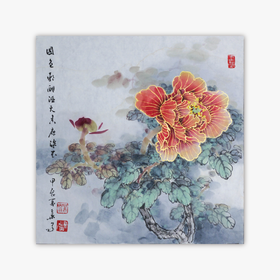 叶泉《勾金牡丹》国画原作45CM*45CM 手绘宣纸花卉作品