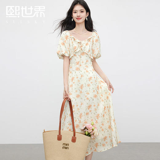【专属特价】熙世界法式灯笼袖碎花连衣裙女夏日新款浪漫气质收腰显瘦雪纺长裙 商品图0
