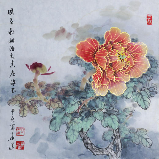 叶泉《勾金牡丹》国画原作45CM*45CM 手绘宣纸花卉作品 商品图1