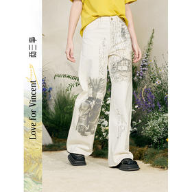 两三事梵高文艺 泛黄诗行 2025夏季新款文艺风印花阔腿牛仔裤女