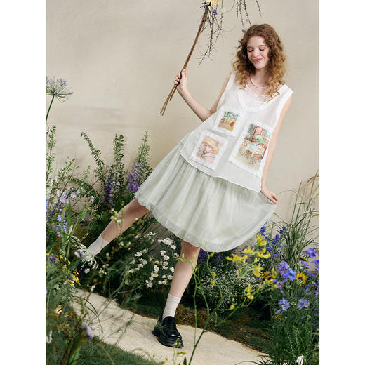 两三事梵高文艺 快乐冒泡 2025夏季新款印花贴布绣蕾丝拼接背心女 商品图3