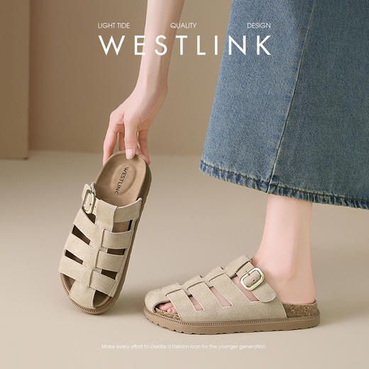 西遇罗马凉拖鞋女夏外穿新款复古勃肯风镂空一脚蹬厚底包头拖V0156589 商品图2