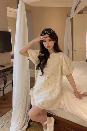 ANSUABEL 法式泡泡袖亮片小香风裙子 20656