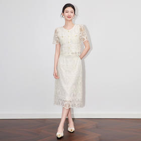 「高货wl」全新升级【铂金会员395/天猫529/差价134】(99402)洛诗琳时髦小香风蕾丝短袖上衣法式轻熟刺绣两件套女