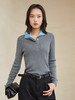 撞色设计感半高领针织衫 灰色坑条修身长袖上衣 多扣装饰秋冬叠穿显瘦打底衫 商品缩略图0