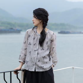 绽放旅行女装346朵/原创印花苎麻天丝正常肩七分袖开襟衬衫女开衫