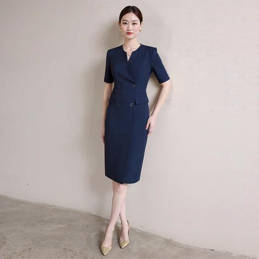 IWY/高级感藏青色双排扣西装裙主持人收腰显瘦短袖连衣裙女WQ179 商品图1