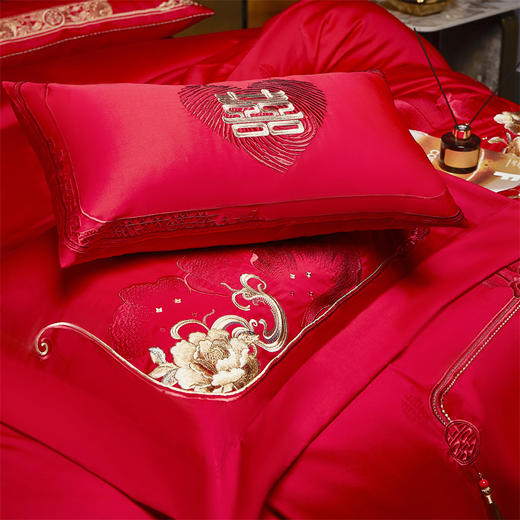 自然醒160支长绒棉提花唯美复古中式刺绣轻奢系列婚庆款多件套婚房被套床品GDS 商品图7