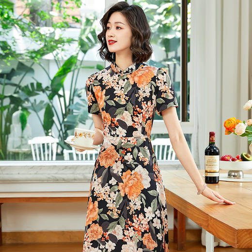 「自」全新升级【铂金会员220/天猫299/差价79】(13837)洛诗琳气质乔其纱印花连衣裙2025夏季国风改良旗袍连衣裙 商品图2