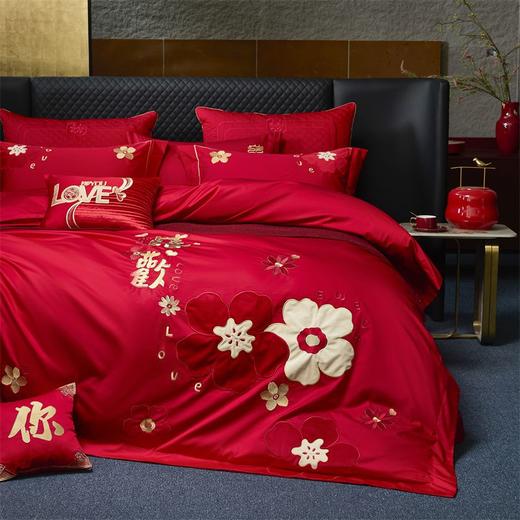 自然醒160支长绒棉臻棉系列婚庆款多件套大红色龙凤婚房全棉喜被子结婚四六十件套GDS 商品图2