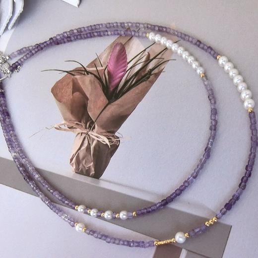 【甄珠贝】梦幻薰衣草紫色星河，九紫离火运，紫水晶小方糖ji光淡水珍珠3-4/4-5mm，纯银配件 商品图3