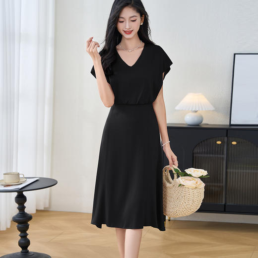 剩S/L/XL/M/XXL 米思阳2025夏季新款高端弹力双乔短袖连衣裙气质桑蚕丝A字裙3273 商品图3
