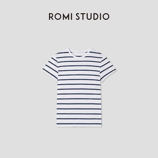 ROMI STUDIO“经典复古”蓝白条纹棉质小飞袖圆领短袖T恤RWCRST3327 商品图0
