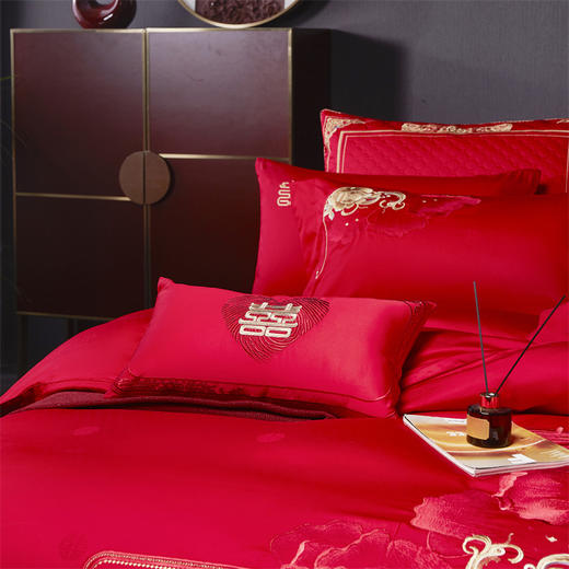 自然醒160支长绒棉提花唯美复古中式刺绣轻奢系列婚庆款多件套婚房被套床品GDS 商品图2