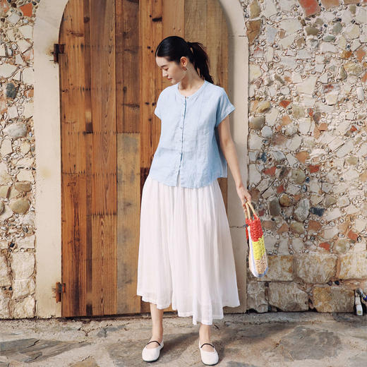 绽放旅行女装330朵/【海街日记】亚麻立领开襟连肩短袖衬衫松弛感 商品图2