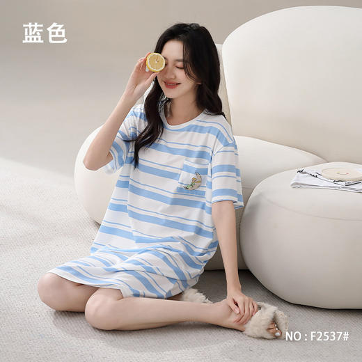 雀说睡裙女夏季兰精莫代尔睡衣女款凉感亲肤条纹中长款睡裙女可外穿AL2537 商品图5