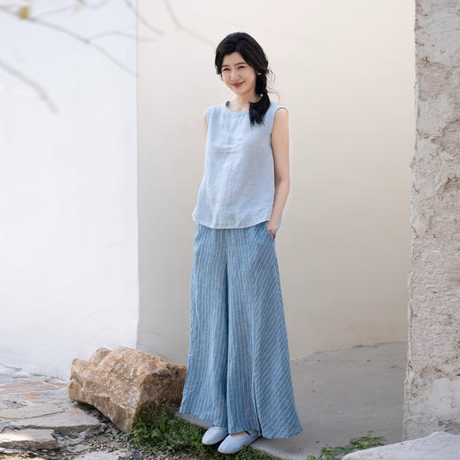 绽放旅行女装351朵/【海街日记·蓝白条】色织亚麻阔腿裙裤松紧腰 商品图1