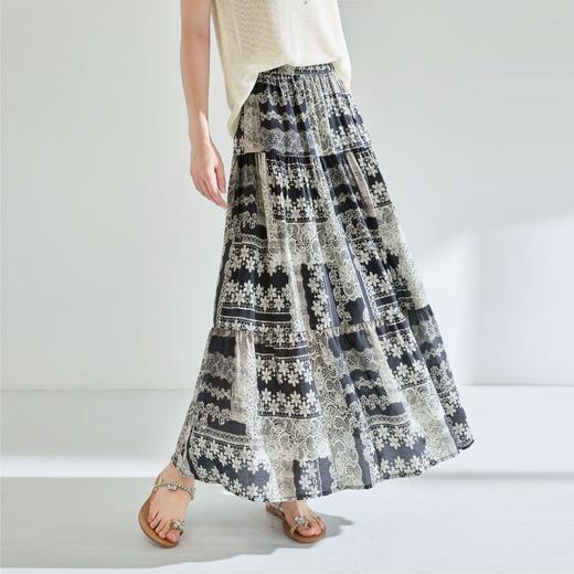 「高货sh」全新升级【铂金会员183/天猫239/差价56】(41331)洛诗琳夏季波西米亚印花拼接松紧腰A字显瘦大摆碎花半身裙 商品图1