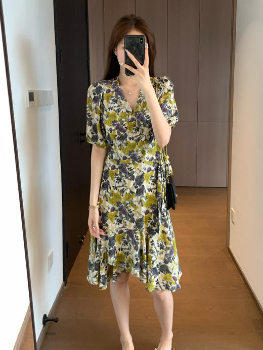 用量两米！2025法式斜襟领交叉缠绕式绑带泡泡袖鱼尾裙摆连衣裙！ 商品图5