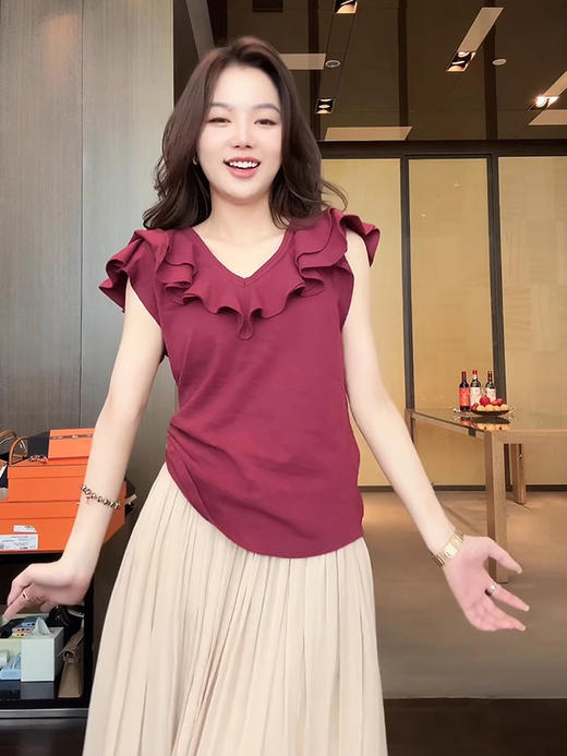 COCO ZONE 刘一一 【100棉】V领灵动叠层荷叶边设计T恤CD1A0769 商品图1