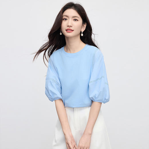 【专属特价】熙世界灯笼袖天丝棉T恤女夏季新款宽松休闲减龄五分中袖白色上衣 商品图4