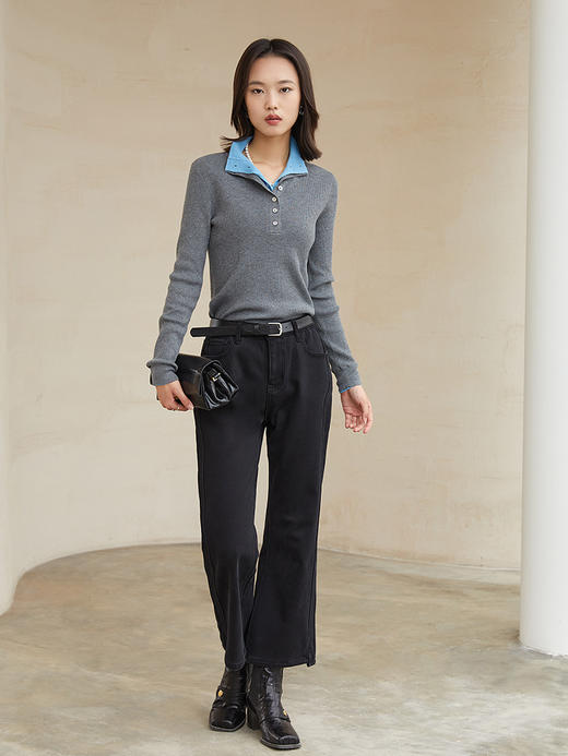 撞色设计感半高领针织衫 灰色坑条修身长袖上衣 多扣装饰秋冬叠穿显瘦打底衫 商品图1