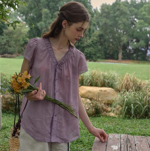 【超模君精选】淡牵牛紫苎麻上衣 100%苎麻 舒适有筋骨 十分淡雅清爽 3-5天发货 商品图0