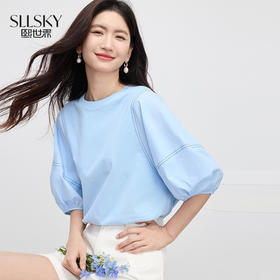 【专属特价】熙世界灯笼袖天丝棉T恤女夏季新款宽松休闲减龄五分中袖白色上衣