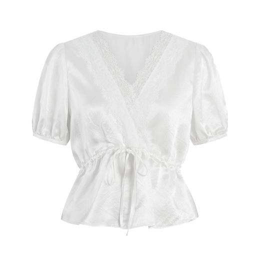 HeyDress醋酸缎面白衬衫女法式复古蕾丝V领宫廷设计感泡泡袖上衣 商品图5