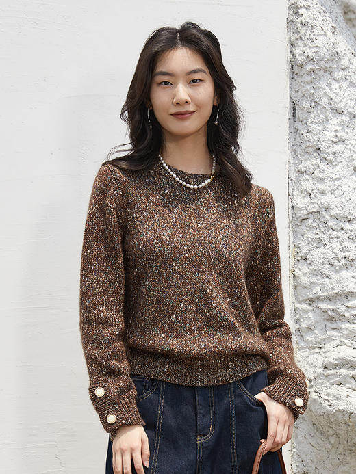 棕调彩点肌理感针织衫 圆领长袖双扣袖口休闲慵懒风毛衣 商品图0