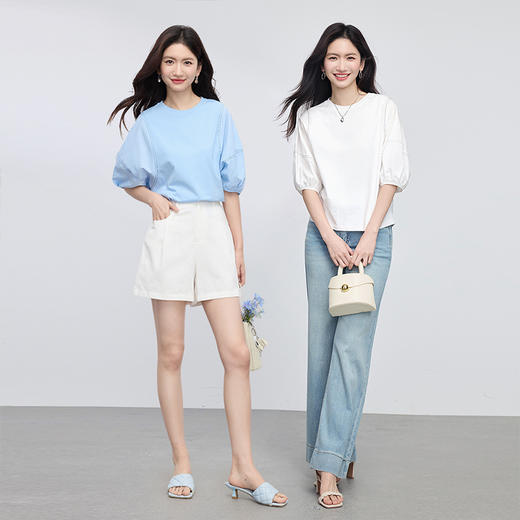 【专属特价】熙世界灯笼袖天丝棉T恤女夏季新款宽松休闲减龄五分中袖白色上衣 商品图2