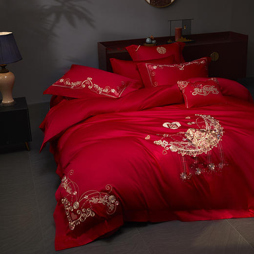 自然醒100支长绒棉轻奢婚庆四件套多件套床裙系列大红纯棉被套床盖床裙结婚简约床品GDS 商品图2