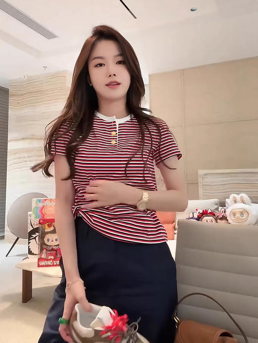 COCO ZONE 刘一一“凯旋T”100棉圆领撞色条纹短袖T恤CD1A1024 商品图0