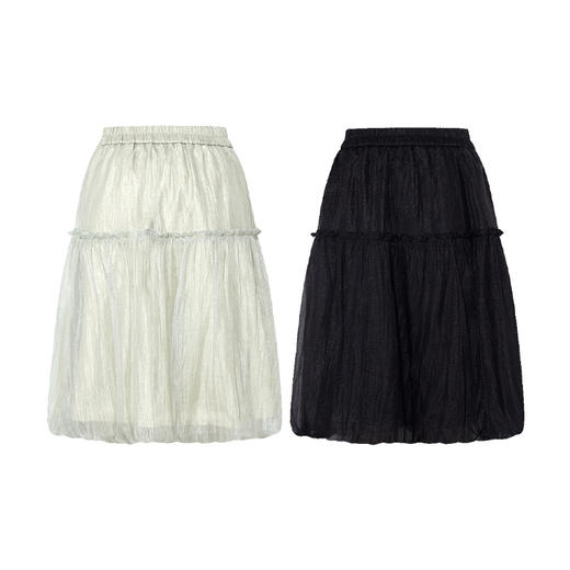 两三事梵高文艺 泡泡宇宙 2025夏季新款透视褶皱欧根纱拼皮半身裙 商品图4