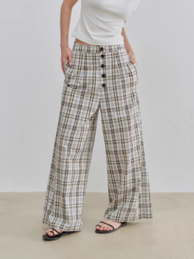 Evistub/E-5XCK718/全棉色织复古格纹长裤女