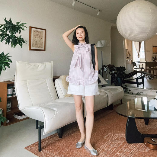 HeyDress条纹飘带衬衫女夏季法式浪漫显瘦荷叶边衬衣别致无袖上衣 商品图3