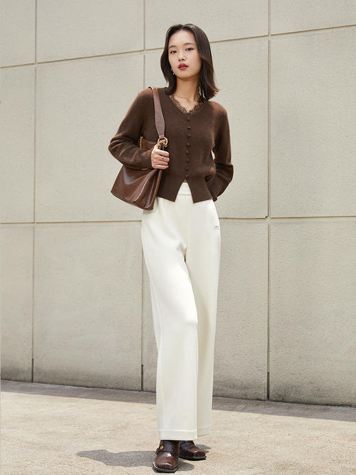 棕色 V 领蕾丝拼接单排扣针织开衫 秋冬温柔风泡泡袖短款毛衣外套 商品图1