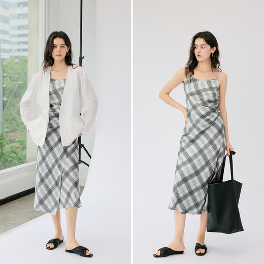 HeyDress格纹醋酸吊带连衣裙女夏季法式收腰显瘦抽褶设计感裙子 商品图1