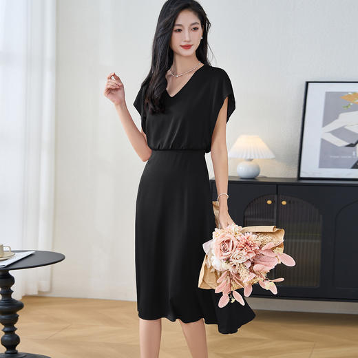 剩S/L/XL/M/XXL 米思阳2025夏季新款高端弹力双乔短袖连衣裙气质桑蚕丝A字裙3273 商品图4