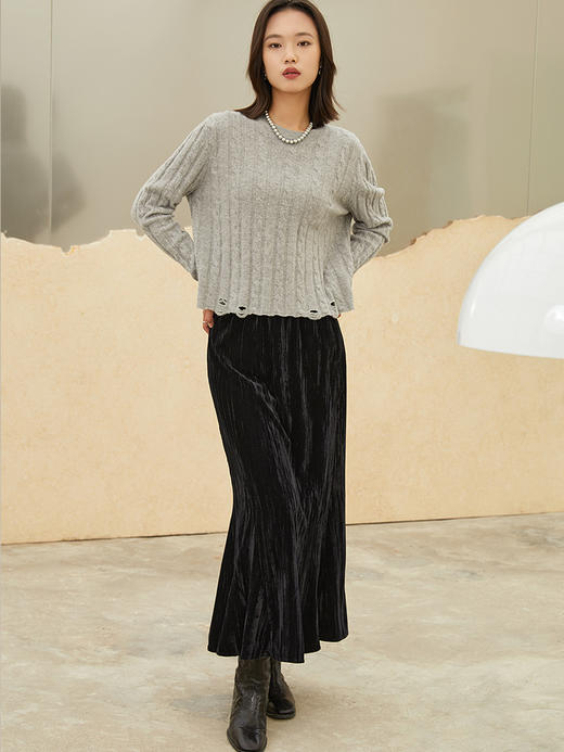 浅蓝色圆领麻花针织衫 秋冬个性破洞设计长袖套头毛衣上衣 商品图1