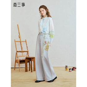 两三事 复兴引力 2025夏季新款休闲编织腰绳装饰印花直筒牛仔裤女