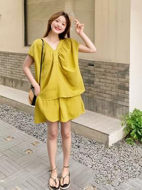 夏季最后清仓-NO退 套装【韩系2025】2551 V领褶皱上衣➕短裤两件套-喜出
