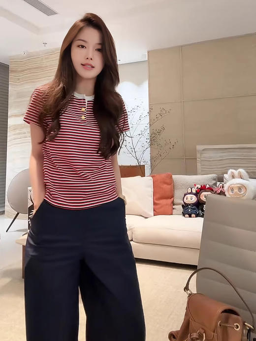 COCO ZONE 刘一一“凯旋T”100棉圆领撞色条纹短袖T恤CD1A1024 商品图2