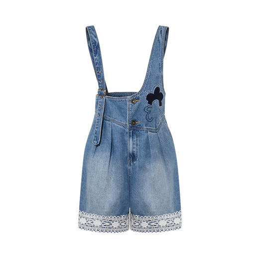 两三事 回声之岛 2025夏季新款小清新绣花蕾丝拼接牛仔背带裤女 商品图4