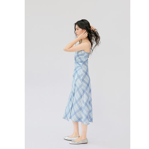 HeyDress格纹醋酸吊带连衣裙女夏季法式收腰显瘦抽褶设计感裙子 商品图5