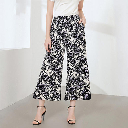 丁摩 真丝印花休闲裤桑蚕丝针织宽松阔腿裤HA25043 商品图0