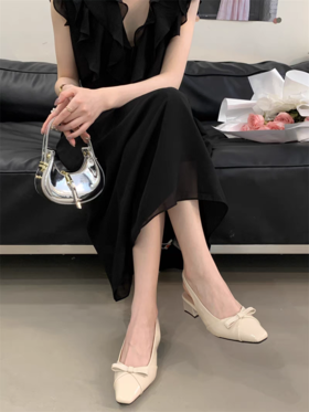绝美温柔风蝴蝶结包头后绊带凉鞋女法式方头气质粗高跟单鞋